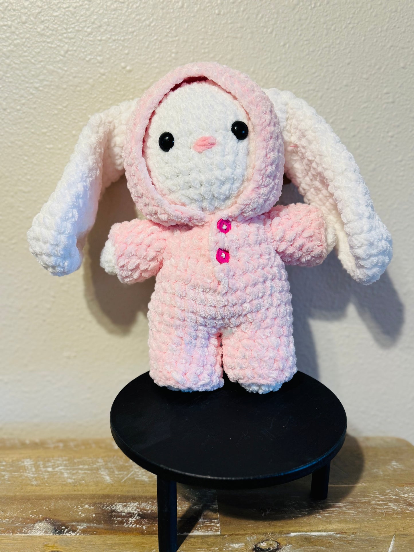 Handmade crochet bundled up bunny plushie